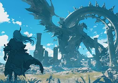 Fantasy Ruins with Dragon and Warrior