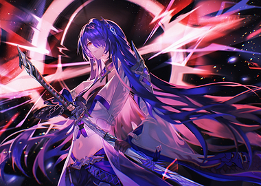 Anime warrior with long blue hair and sword
