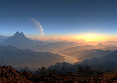Alien Sunrise Over Mountainous Valley