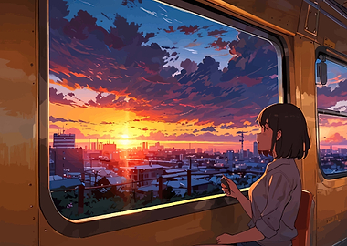 Girl on a train watching a sunset over a city