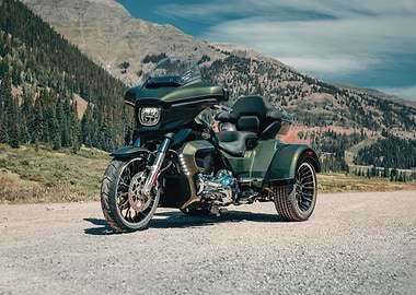 Green Harley-Davidson Trike in Mountains