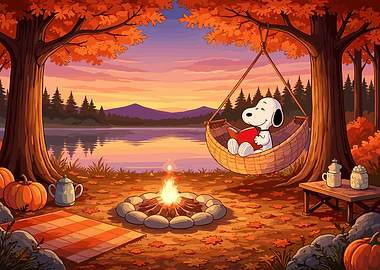 Snoopy Reading in a Hammock by a Campfire