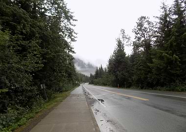 Rainy Road Through Forested Mountains