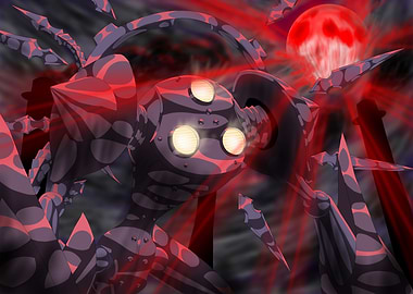 Dark Mechanical Creature with Red Moon