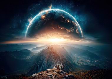 Cosmic Sunrise Over Mountain Range