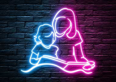 Mother and Child Neon Art, Blue Son and Pink Loving Mum Reading a Good Night Fairy Tail, Children Story Book