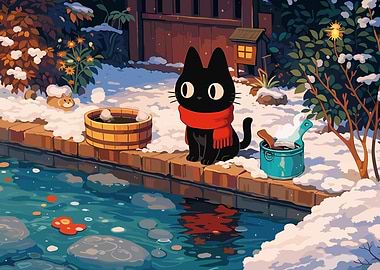 Black cat in winter with hot spring