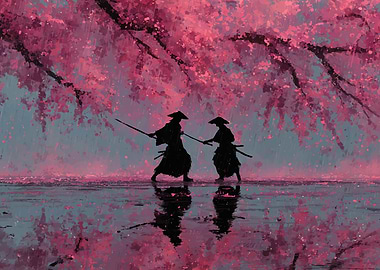 Samurai duel under cherry blossoms