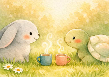 Bunny and Turtle Enjoying Coffee