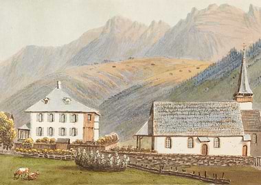 Alpine Village Scene with Mountains