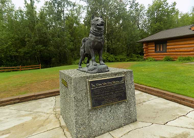 Balto Statue and Log Cabin