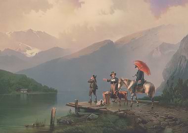 Alpine Lake Scene with Figures and Horse