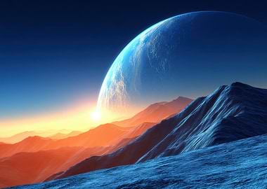 Alien Sunrise Over Mountain Range