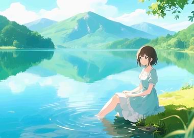 Girl dipping feet in lake