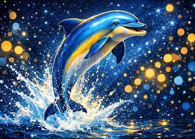 Dolphin jumping in starry water