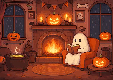 Cozy Halloween Ghost Reading by Fireplace
