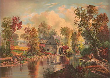 Autumn Mill Scene with Fishermen
