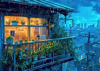 Rainy City Balcony with Plants