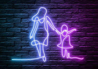 Mother and Child Neon Art, Mothers Day Displate Wallart Gift Idea, Mom and Daughter Holding Hands Walking