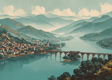 Scenic River Valley Town with Bridge