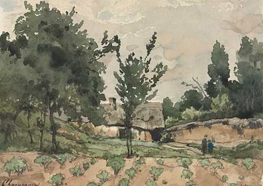 Rural Landscape with Thatched Roof House
