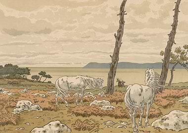 Two white horses in a coastal landscape