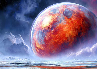 Fiery Planet Over Frozen Landscape
