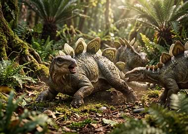 Stegosaurus dinosaurs in a lush forest