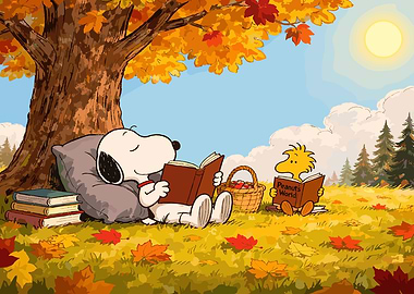 Snoopy and Woodstock reading under a tree