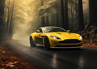 Yellow Aston Martin in a Forest