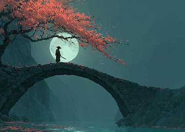 Samurai on a bridge under the moon