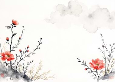 Watercolor floral painting with clouds