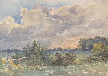 Watercolor Landscape with Dramatic Clouds