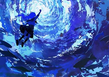 Girl in a swirling blue ocean