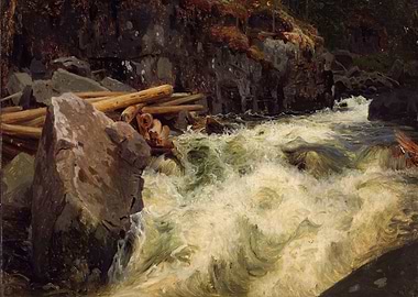 Rushing River with Logs and Rocks