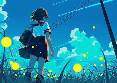 Anime Girl Walking Through Fireflies