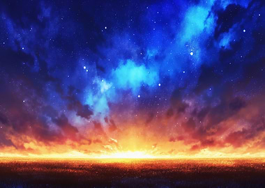 Cosmic Sunset Over Grassy Field