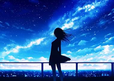 Girl silhouetted against a starry night sky
