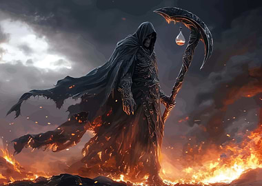 Grim Reaper in a Fiery Landscape