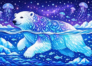 Polar Bear Swimming in a Starry Ocean