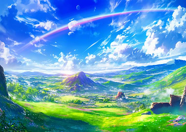 Vibrant anime landscape with rainbow