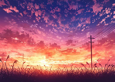 Anime Sunset Over Grassy Field