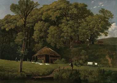 Pastoral Scene with Thatched Hut and Cows