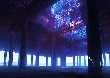 Surreal Sci-Fi Interior with Blue and Purple Hues