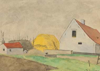 Farm scene with hay and buildings