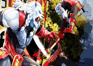 Lion-like warrior fighting a human-like warrior