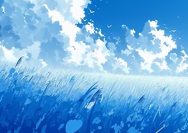 Anime Field with Clouds and Birds