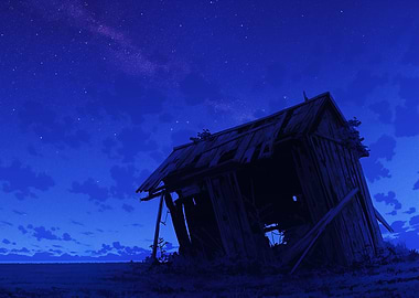 Dilapidated Barn Under Starry Night Sky