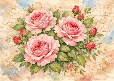 Pink Roses with Vintage Script Background