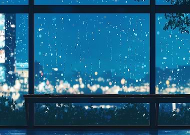 Rainy Cityscape Through Window